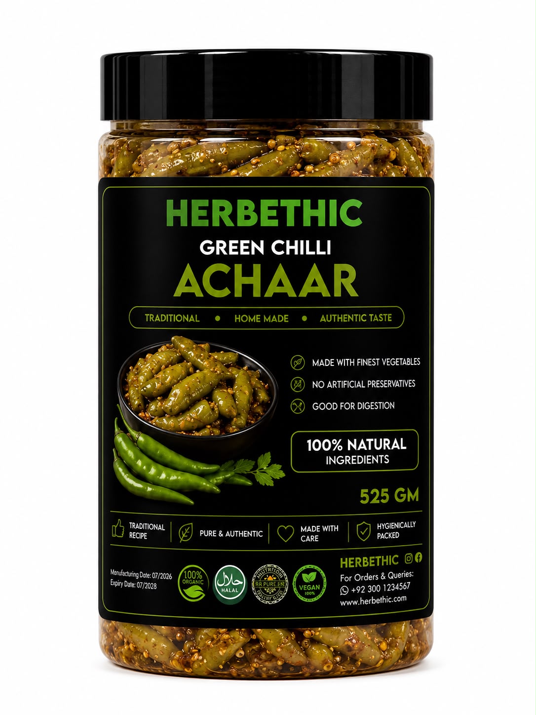 Herbethic | Traditional Green Chilli Achaar (525g)